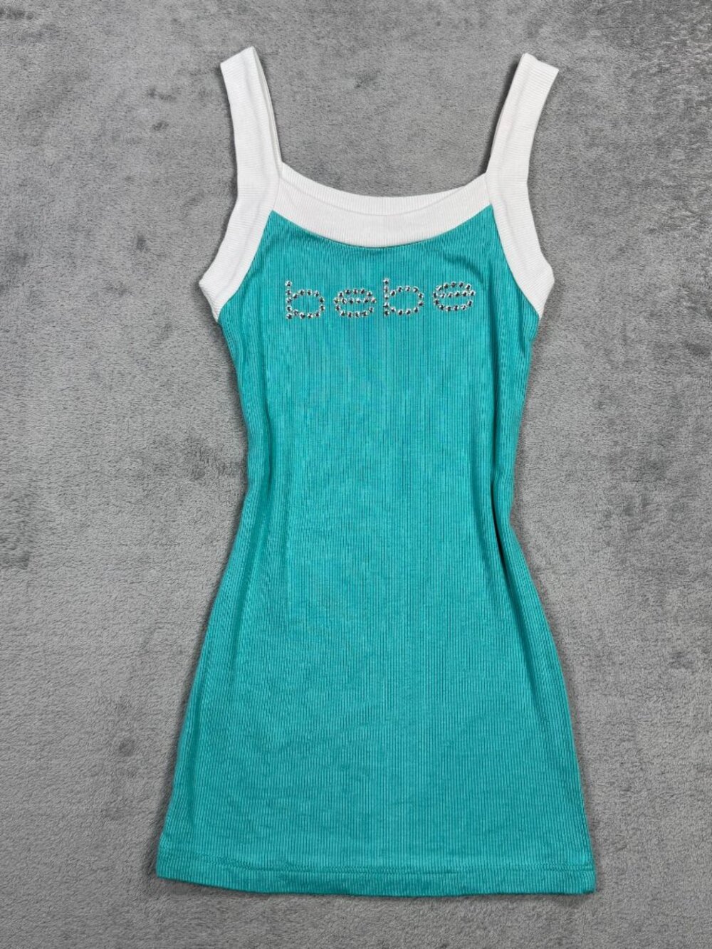 Y2K 2000s Bebe Rhinestone Logo Green Fitted Tank Top White Trim Ribbed McBling
